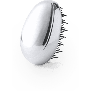 A shiny silver hairbrush with fine, flexible bristles. The brush has an oval shape and a smooth surface.