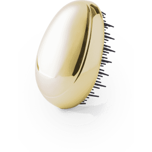 A gold hairbrush with black bristles, featuring a sleek, oval design and a glossy finish.