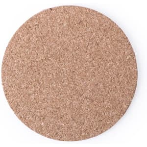 A round cork coaster in natural brown colour with a smooth surface. It has a simple design and includes a logo.