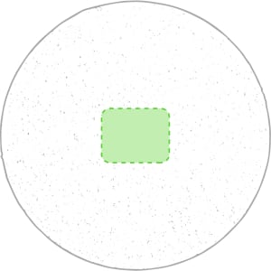 A circular coaster featuring a textured white surface with a small green rectangular centre and a border. It has a logo.