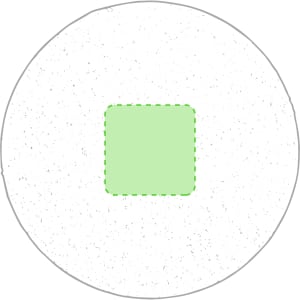 A round coaster with a speckled white surface and a light green square in the centre. It features a logo.