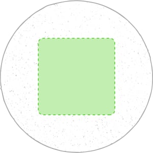 A round coaster with a textured white outer edge and a solid green square centre. It features a logo in the corner.