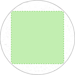 A round coasters with a light green square centre, featuring a subtle textured surface. The coaster has a simple design and includes a logo.