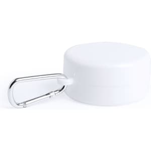 A white foldable cup with a silver carabiner attached for easy carrying.