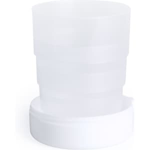 A drink bottle with a white foldable design, featuring a smooth finish and a round base. It has a logo.