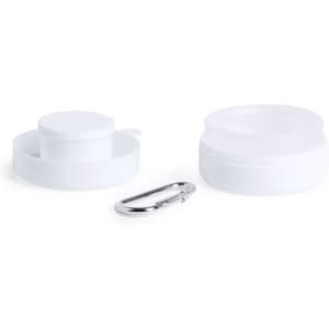 A foldable white cup with a secure lid and a metal carabiner for easy attachment.