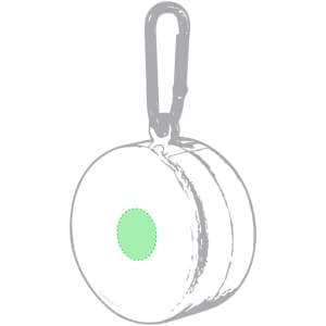 A foldable cup in white with a green centre, featuring a carabiner for easy attachment.