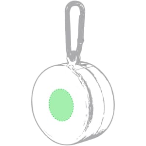 A foldable cup with a green circular design, featuring a carabiner for easy attachment.
