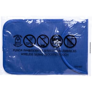 A blue pouch designed to block wireless signals, featuring a closure and a logo.