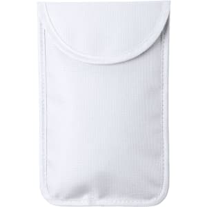 A white protective pouch designed for phones, featuring a curved flap and a branding logo.