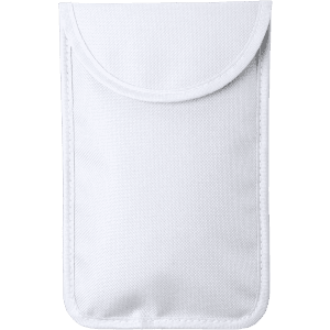 A white protective pouch designed for phones and technology, featuring a flap closure and a subtle logo.