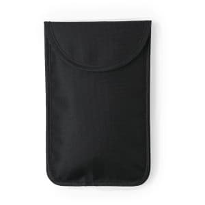 A black protector pouch with a flap closure, designed for phones and technology accessories. It features a logo.