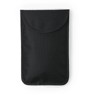 A black pouch with a rounded flap, designed for holding phones and other small items. Features a logo.