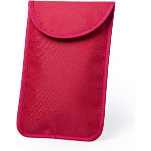 A red phone wallet with a flap closure, featuring a simple design and a visible logo.