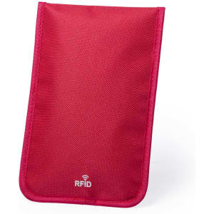 A red RFID protector pouch with a textured surface and a logo, designed for storing phones and cards.