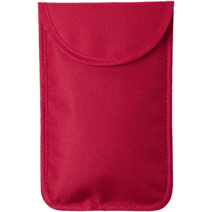 A red protective pouch designed for phones, featuring a rounded flap and a simple, sleek design.