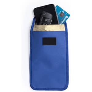 A blue protective pouch containing a smartphone, car key, and a card, with a logo on the front.