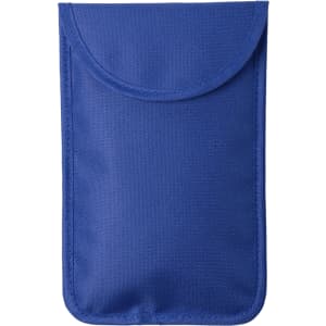 A blue protective pouch with a rounded flap, featuring a simple design and a logo. Suitable for phones and technology.