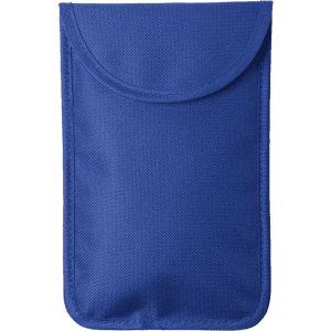 A blue fabric pouch with a flap closure, featuring a logo or branding.