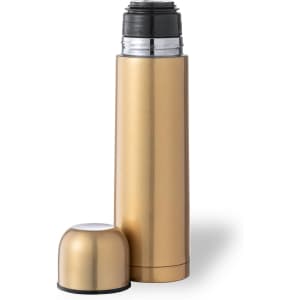 A drink bottle with a sleek gold finish, featuring a removable black lid and a silver interior. It has a logo on the body.