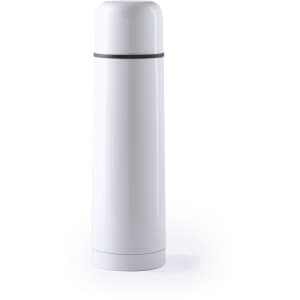 A drink bottle in white with a black band, featuring a sleek, modern design and a logo.