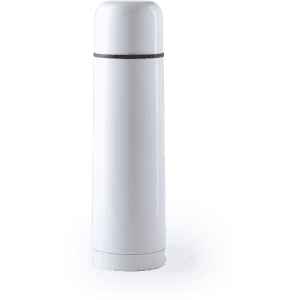 A drink bottle with a sleek white design, featuring a black band and a rounded cap, includes a logo.