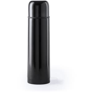 A drink bottle with a sleek, black finish and a cylindrical design. It features a logo on the surface.