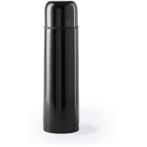A drink bottle in sleek black, featuring a smooth surface and a rounded lid, includes a logo.