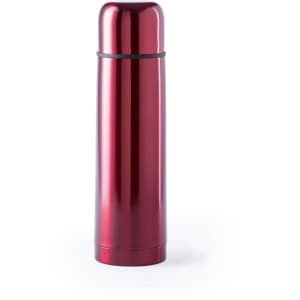 A drink bottle in shiny red with a sleek design, featuring a black band near the top and a branding logo.