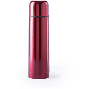 A drink bottle in shiny red metal with a sleek design and a logo on the surface.