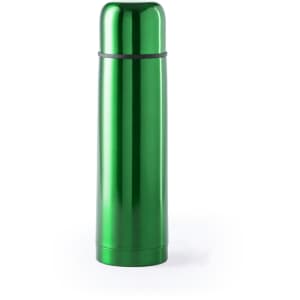 A drink bottle in bright green, featuring a sleek metallic finish and a black band around the middle.