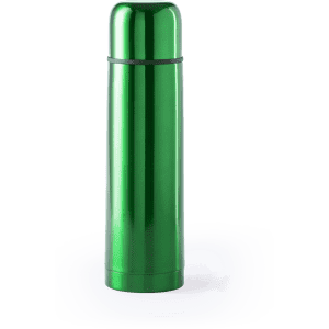 A drink bottle in a shiny green finish with a sleek design and a logo. Suitable for holding beverages.