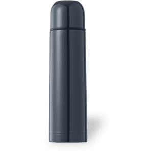 A drink bottle in dark grey, featuring a sleek design and a rounded cap, with a logo present on the surface.