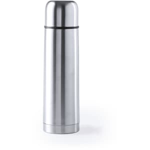 A drink bottle in a sleek silver design with a stainless steel finish and a black band around the top.
