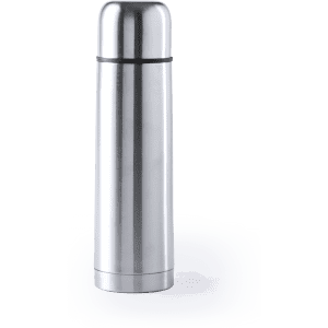 A drink bottle featuring a sleek, silver stainless steel design with a rounded top and a logo.