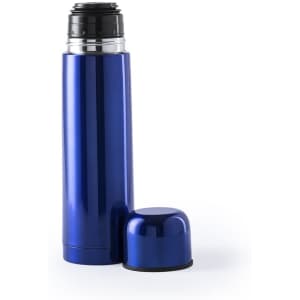 A drink bottle in a vibrant blue finish, featuring a screw-on black lid and a removable cap.