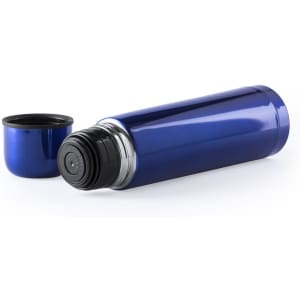 A drink bottle in a glossy blue finish, featuring a black lid and a smooth cylindrical design.