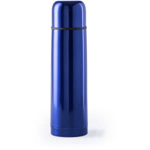 A drink bottle in a shiny blue finish, featuring a sleek design and a black band. It has a logo on the surface.