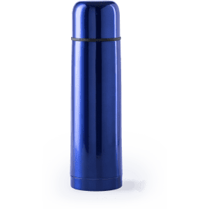 A drink bottle featuring a sleek design in shiny blue, with a black band and a logo on the surface.