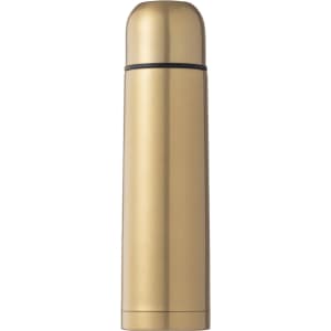 A drink bottle with a sleek gold finish and a rounded cap, featuring a simple design with a logo.