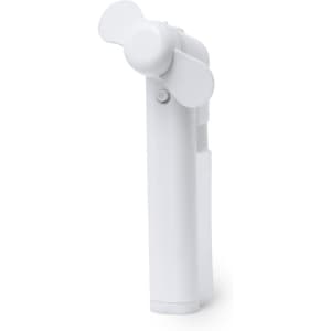 A white handheld fan with a small propeller, designed as a portable and convenient personal cooling device.