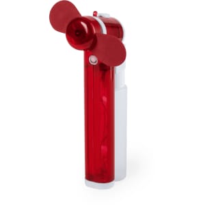 A red and white portable fan with two propeller blades and a compact design, featuring a logo on the body.