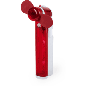 A red and white handheld fan with two blades and a transparent body, featuring a logo.