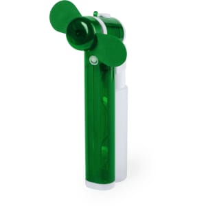 A green handheld fan with two blades and a transparent body, featuring a logo on the side.