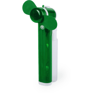 A green vapouriser fan with a clear white base, featuring two circular fan blades and a compact design.