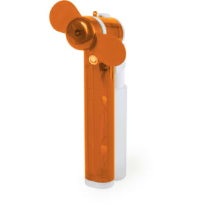An orange handheld vaporizer fan with a white body and an attached flexible fan blade.
