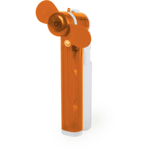 An orange and white vaporizer fan with a simple design, featuring a small fan at the top and a transparent body.