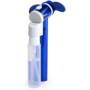 A blue and white vaporiser fan with a spray bottle attachment, featuring a pump mechanism and a branded logo.