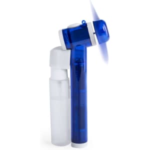 A blue and white handheld vaporizer fan with a water reservoir, designed for personal use.