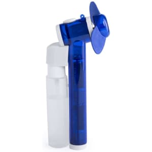 A blue and white vaporiser fan with a detachable water container. Features a small fan atop the device.